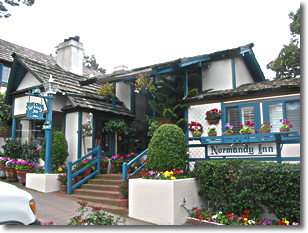 Photograph of the front view of the Normandy Inn in Carmel California, looking up from Ocean Avenue. Image copyright © Philip W. Tyo 2008