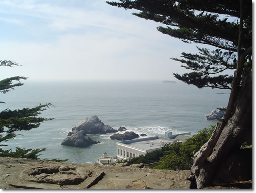A photograph of the Cliff House and Seal Rocks taken from the top of the rocky promontory in Sutro Heights Park in San Francisco, California.  Image copyright © Philip W. Tyo 2007