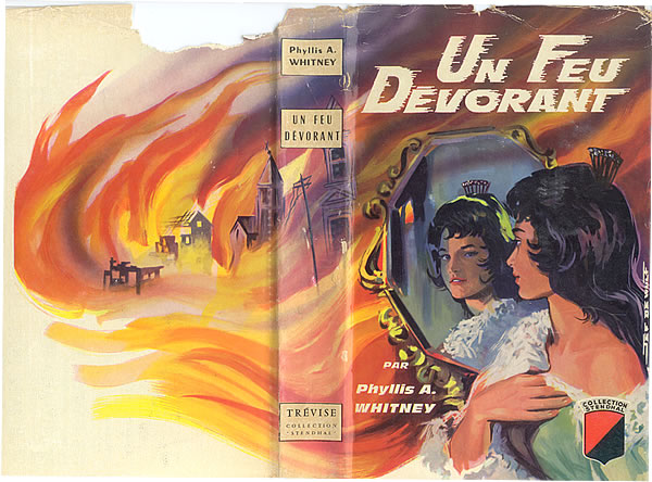 Book jacket depicting Sara Jerome wearing a white lace mantilla (or scarf) around her shoulders and a tortoise-shell comb once belonging to her spanish ancestor, its fanlike back shimmering with rhinestones. As Sara gazes into a mirror, unseen by her walls of flames surround her in a foreshadowing of the devastation to come with the San Francisco earthquake of 1906. (IIllustration by Jef de Wulf/Rene Brantonne)
