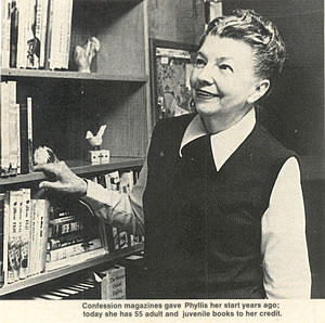 Photograph of Phyllis A. Whitney in her home office. Photograph by Maje Waldo.